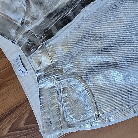 Zara Metallic Silver Foil Jean Ultra High Waist Straight Wide A Blogger Fav! - Picture 9 of 16